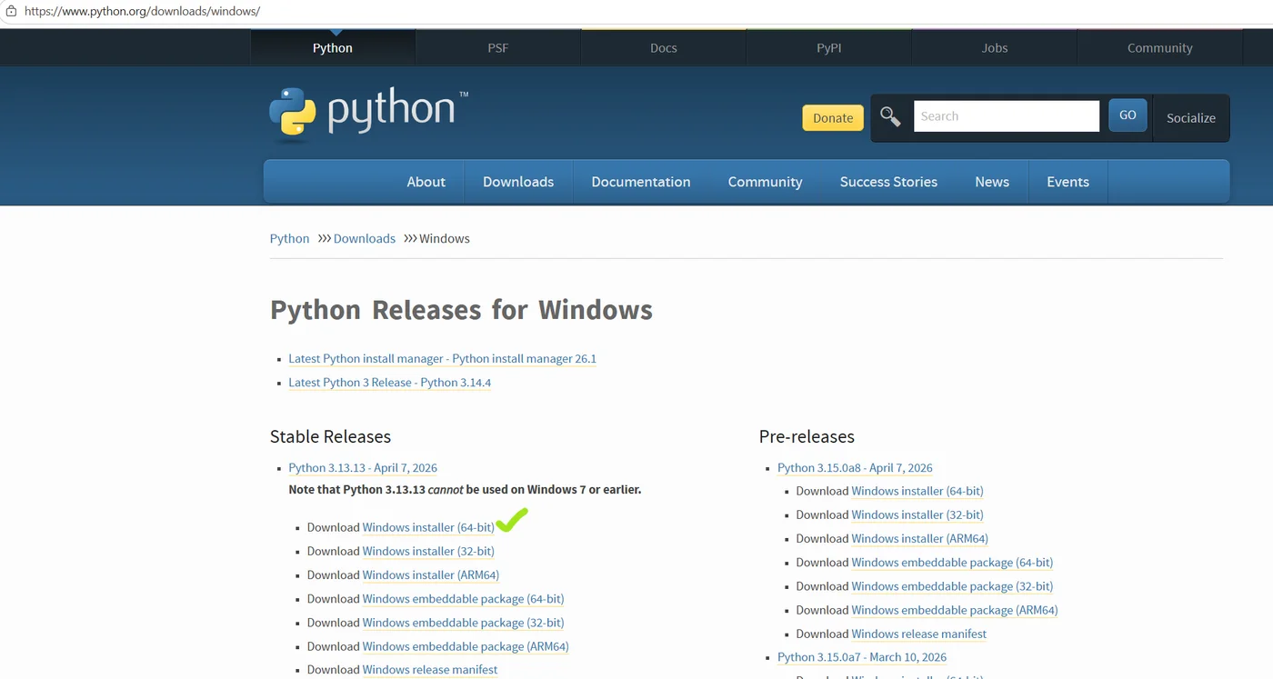 Choosing the 64-bit Windows installer from python.org