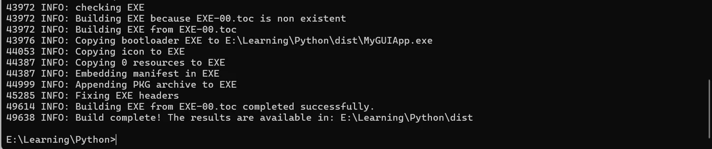 Successful PyInstaller run: logs show completion and dist output