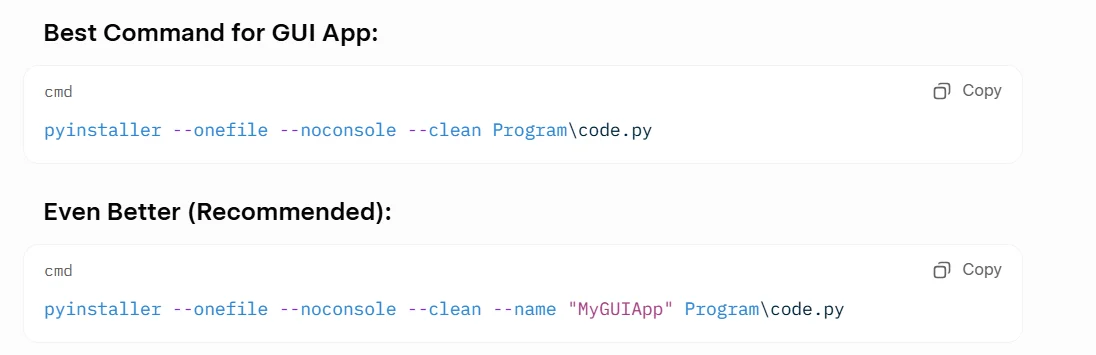 PyInstaller help output showing common options like --onefile