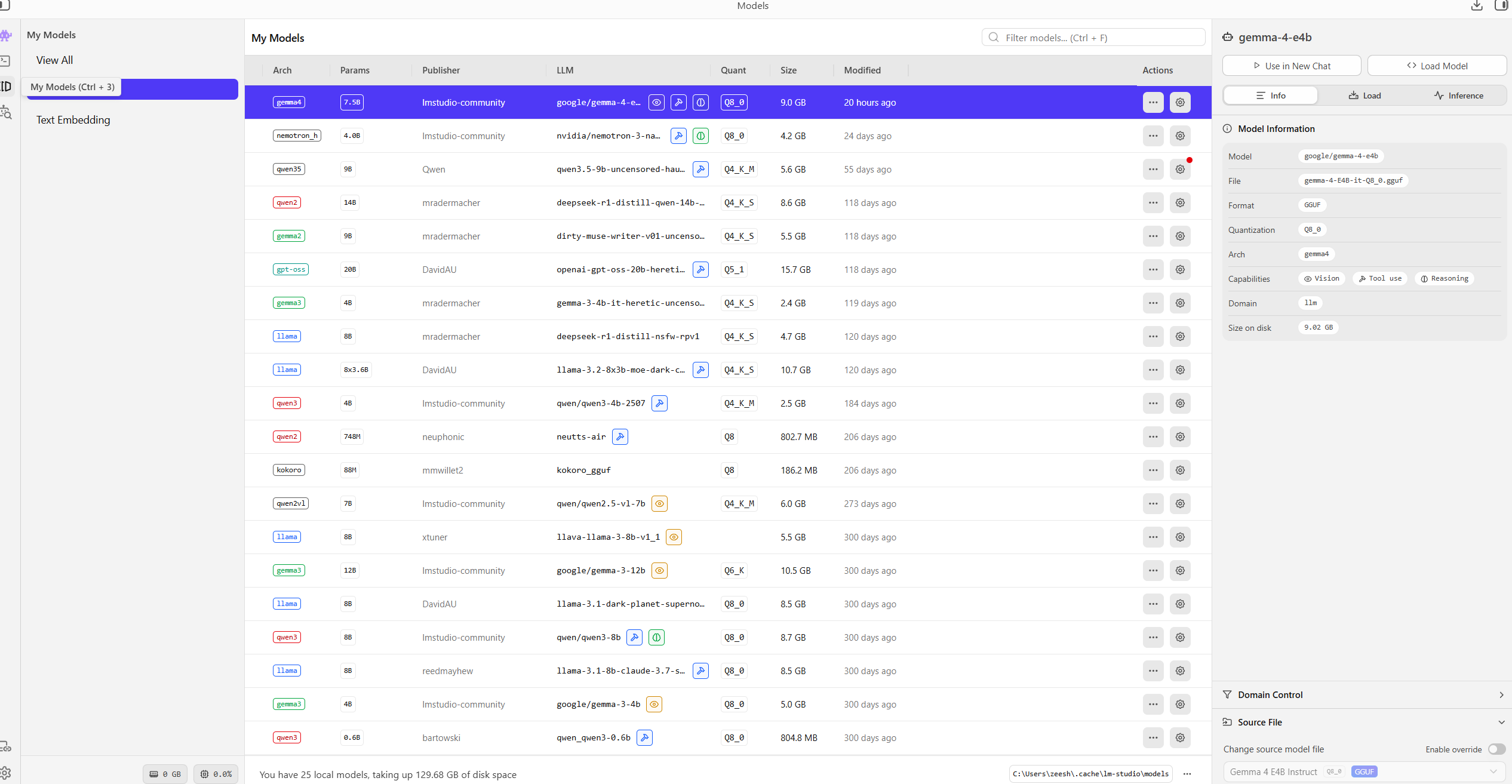 Current downloaded models visible in LM Studio